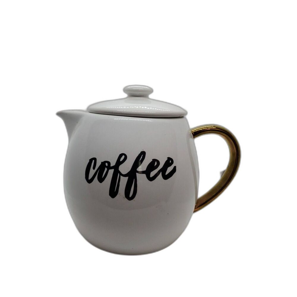 Threshold Stoneware Coffee Pot with black writing and a Gold Colored Handle